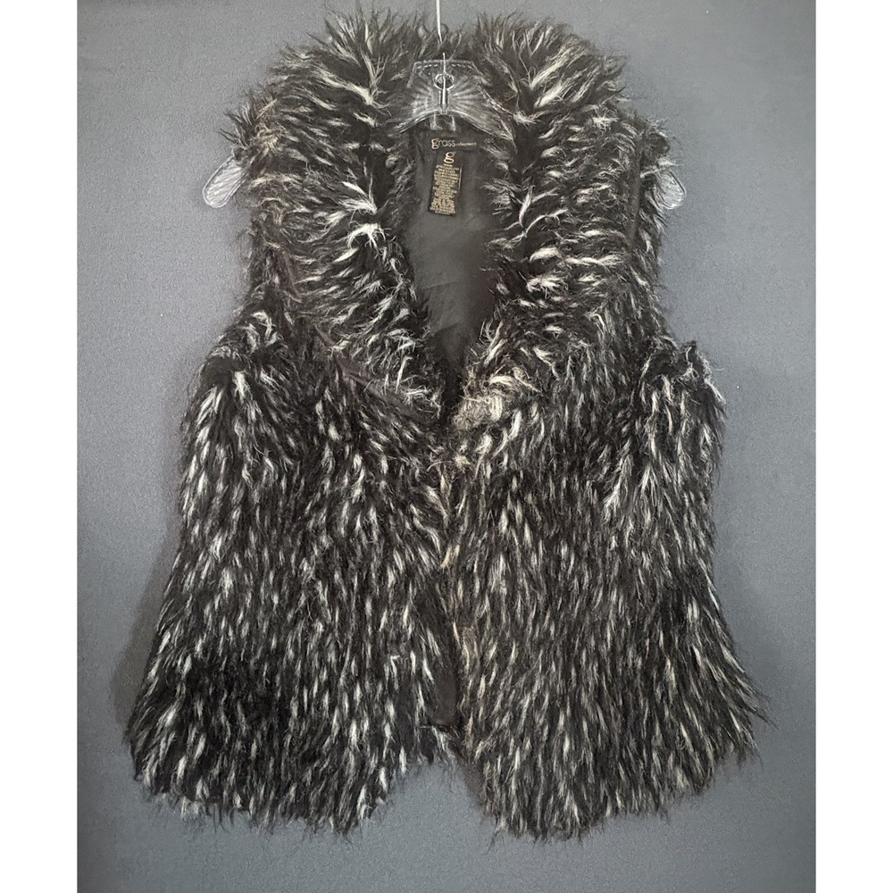 Vintage Grass Collections Faux Fur Vest Jacket Black Gray Small Y2K Mob Wife